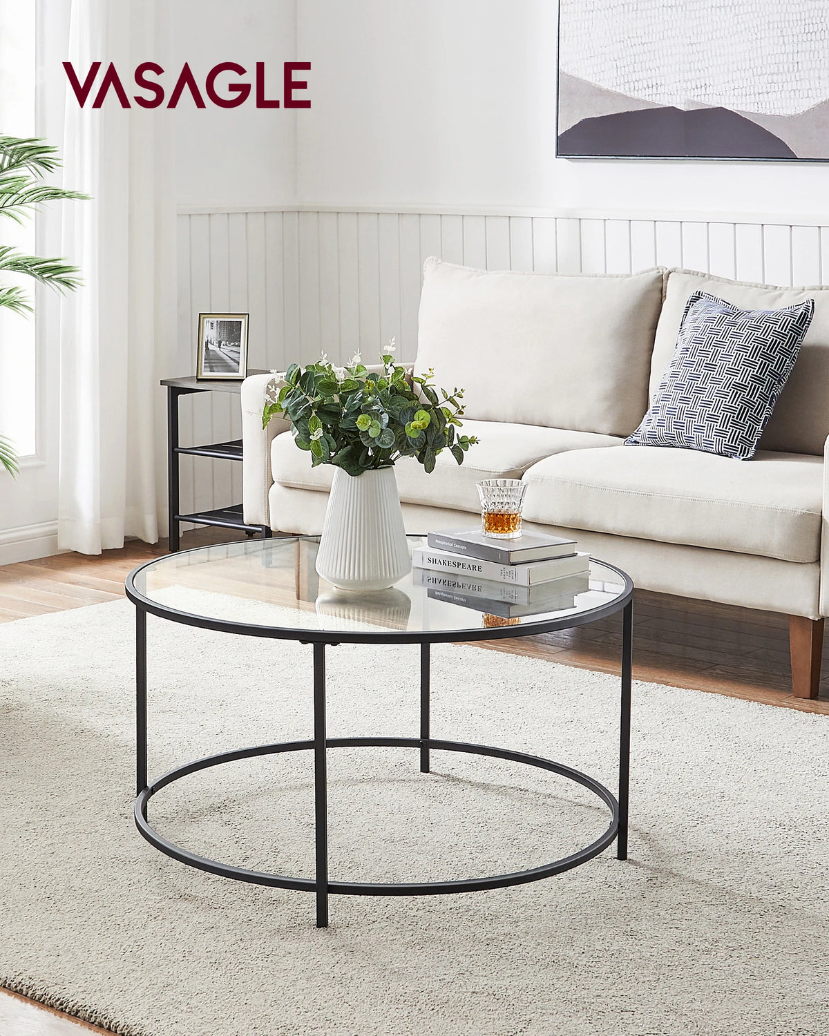 Table basse ronde pour salon en verre avec structure en acier, meuble de salon