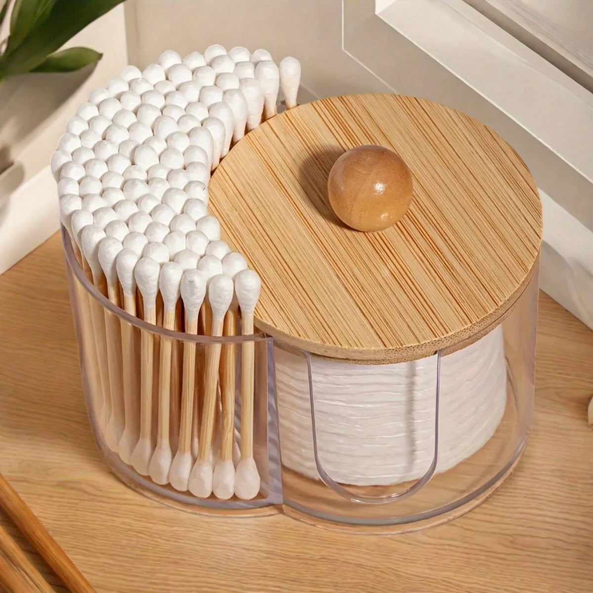 Rangement à double compartiment - Organisateur transparent pour cotons-tiges et cotons - Bac de rangement transparent pour salle de bain et maquillage