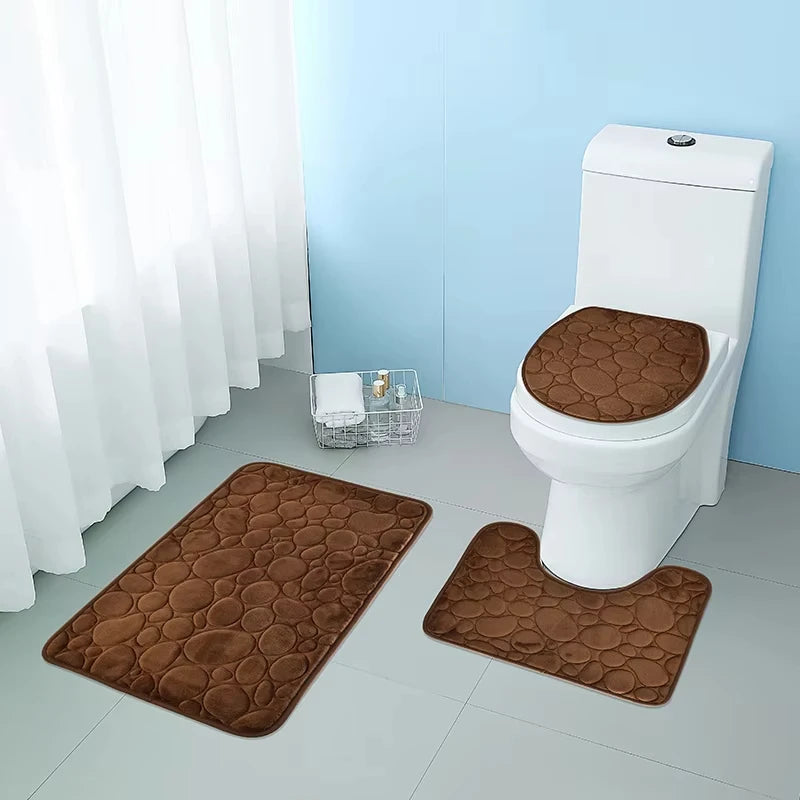 Ensemble 3 pièces de tapis de sol unicolores simples, absorbants et antidérapants pour salle de bain, motif pierre, confortables et doux, lot de trois