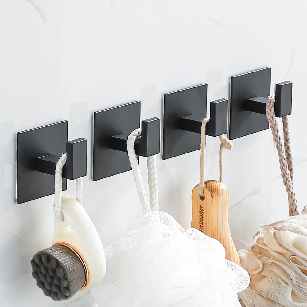 Lot de 1 à 4 crochets muraux adhésifs puissants, patères autocollantes pour vêtements, crochet pour peignoir de douche, crochets à serviettes pour cuisine et salle de bain (Noir)