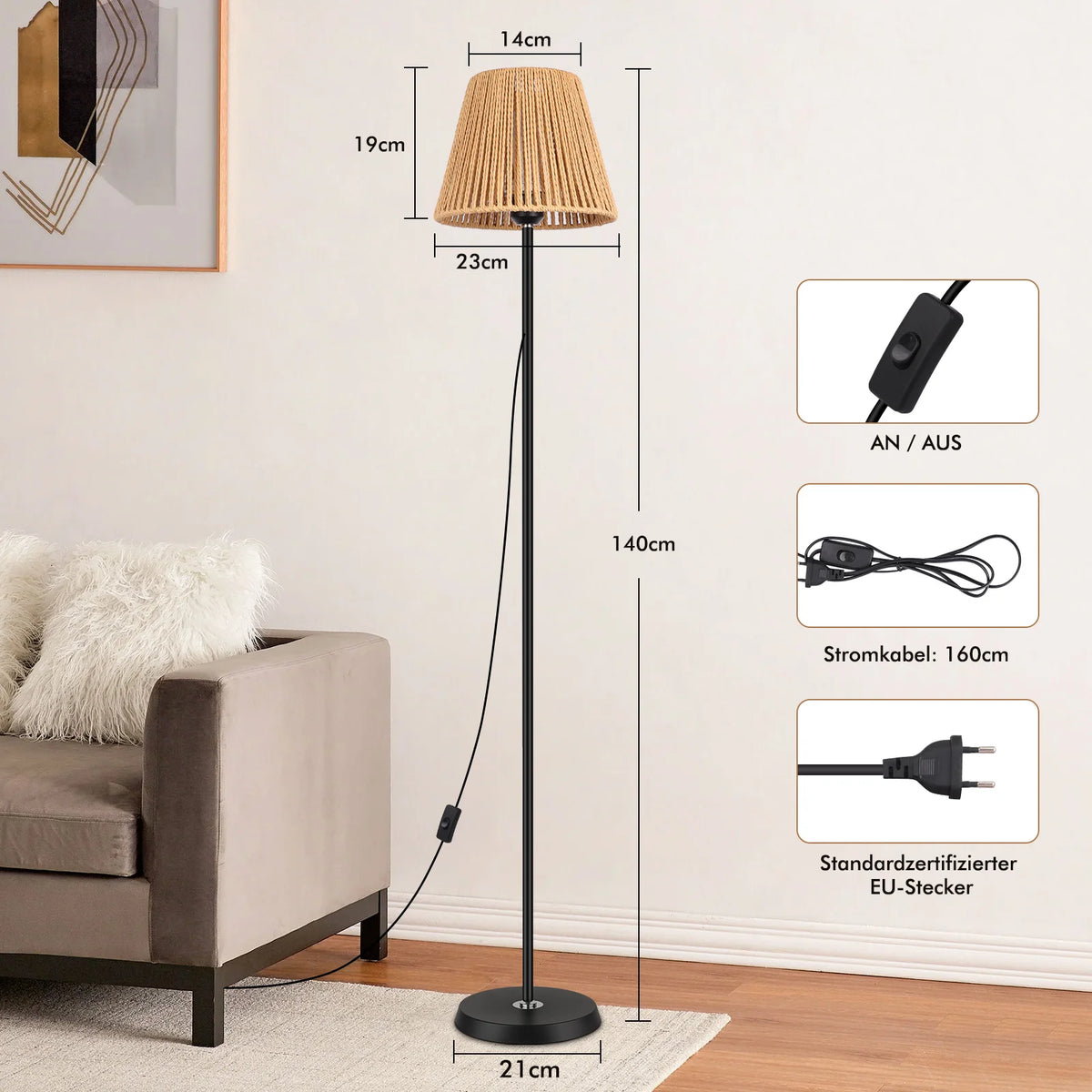 Lampadaire en rotin tressé de style bohème - Lampe sur pied E26/E27 avec abat-jour naturel, grand lampadaire moderne pour salon, chambre et coin lecture