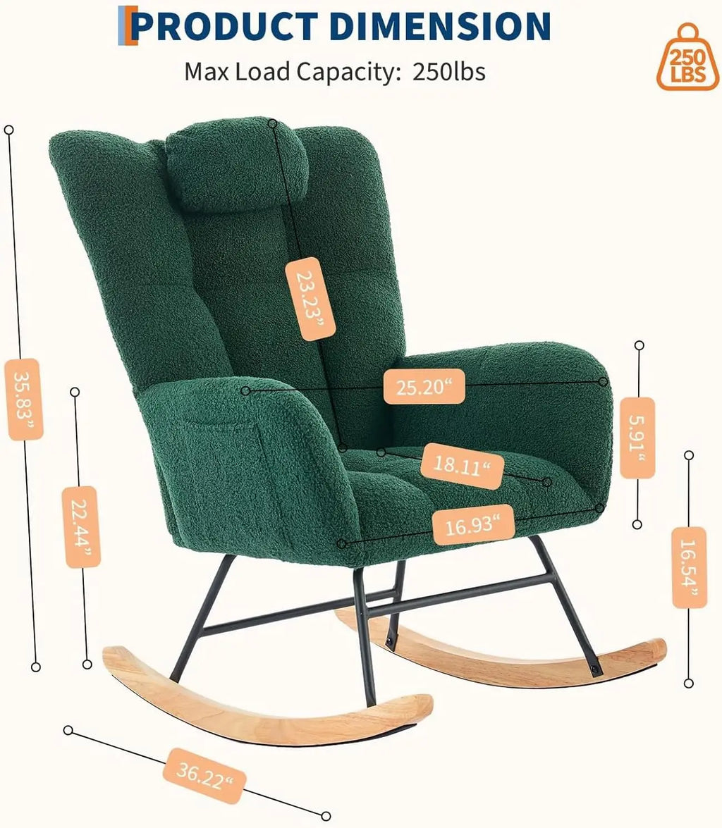 Fauteuil à bascule en velours teddy vert émeraude
