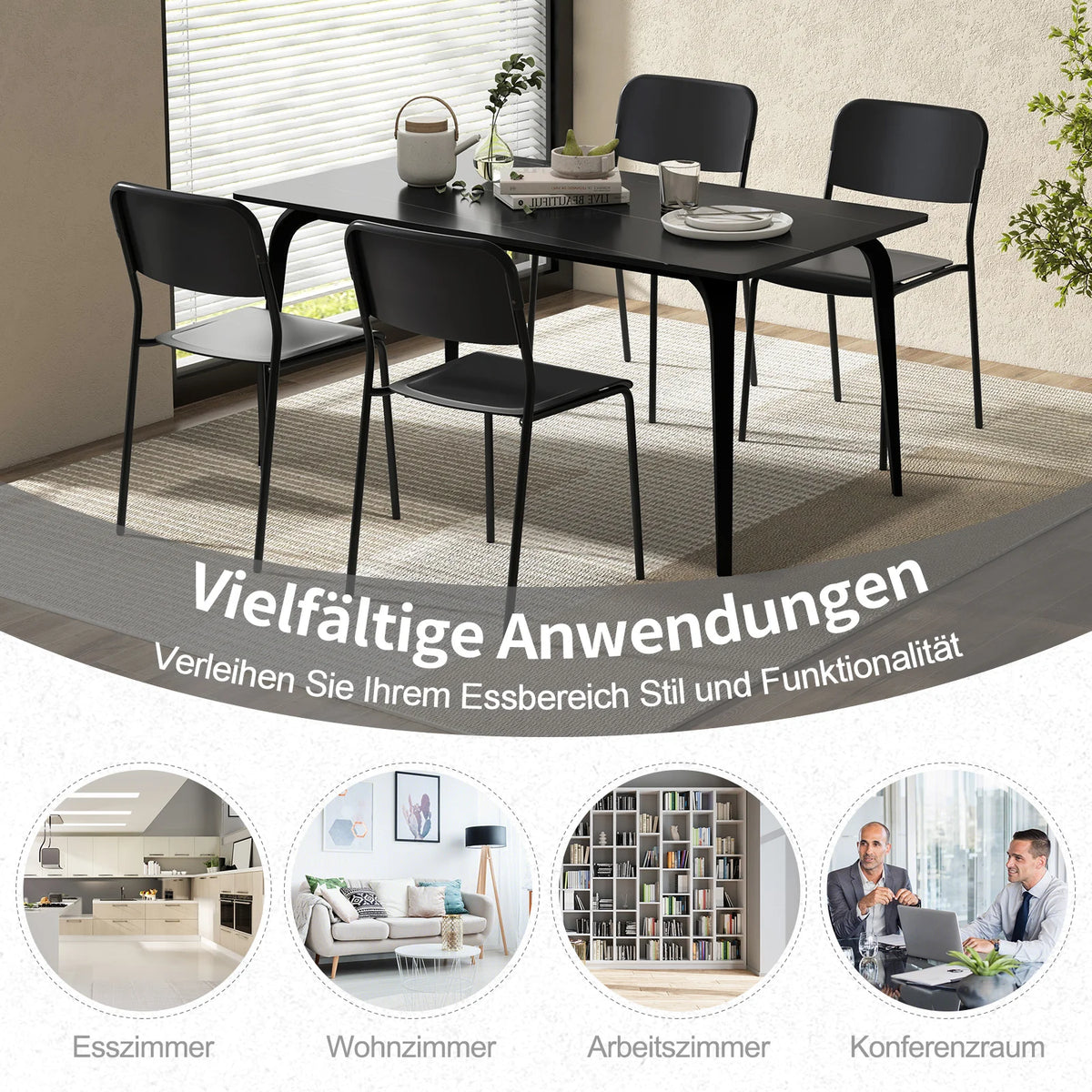 Set of 4 dining room chairs stackable kitchen chairs with backrest & metal legs, PP seat, chair without armrests
