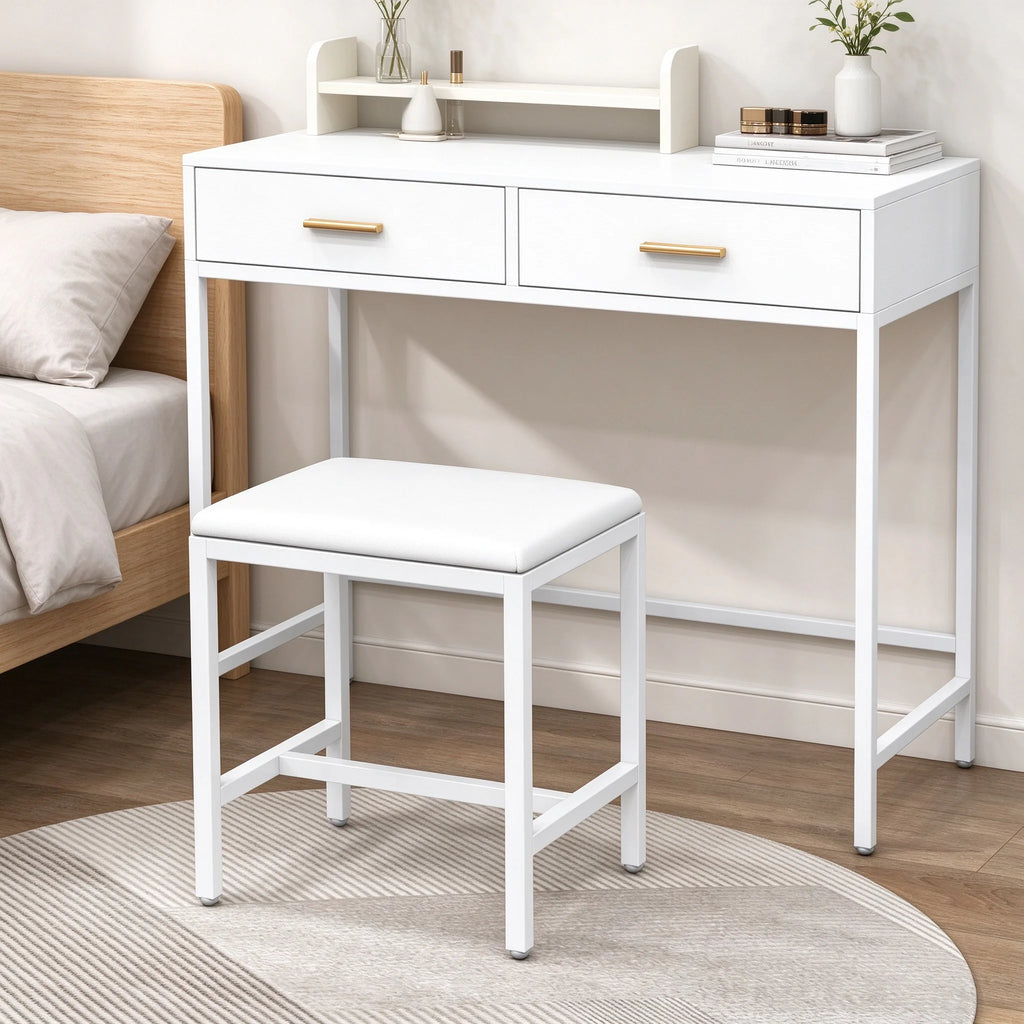 Tabouret de coiffeuse blanc, pouf de maquillage rembourré en similicuir PU avec structure métallique, banc carré pour chambre à coucher, 40 x 30 x 42 cm