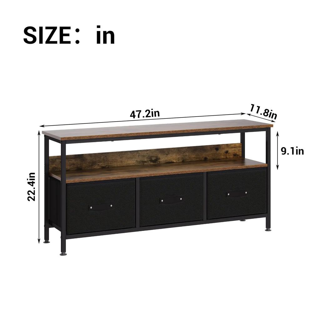 Meuble TV commode avec 3 tiroirs en tissu, meuble télé pour télévision jusqu'à 55 pouces, 120 x 30 x 57 cm