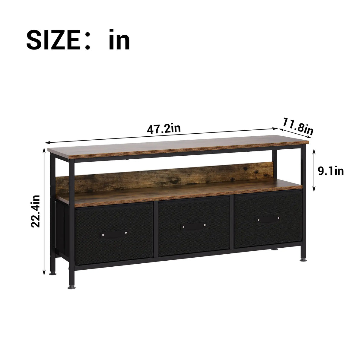 Meuble TV commode avec 3 tiroirs en tissu, meuble télé pour télévision jusqu'à 55 pouces, 120 x 30 x 57 cm