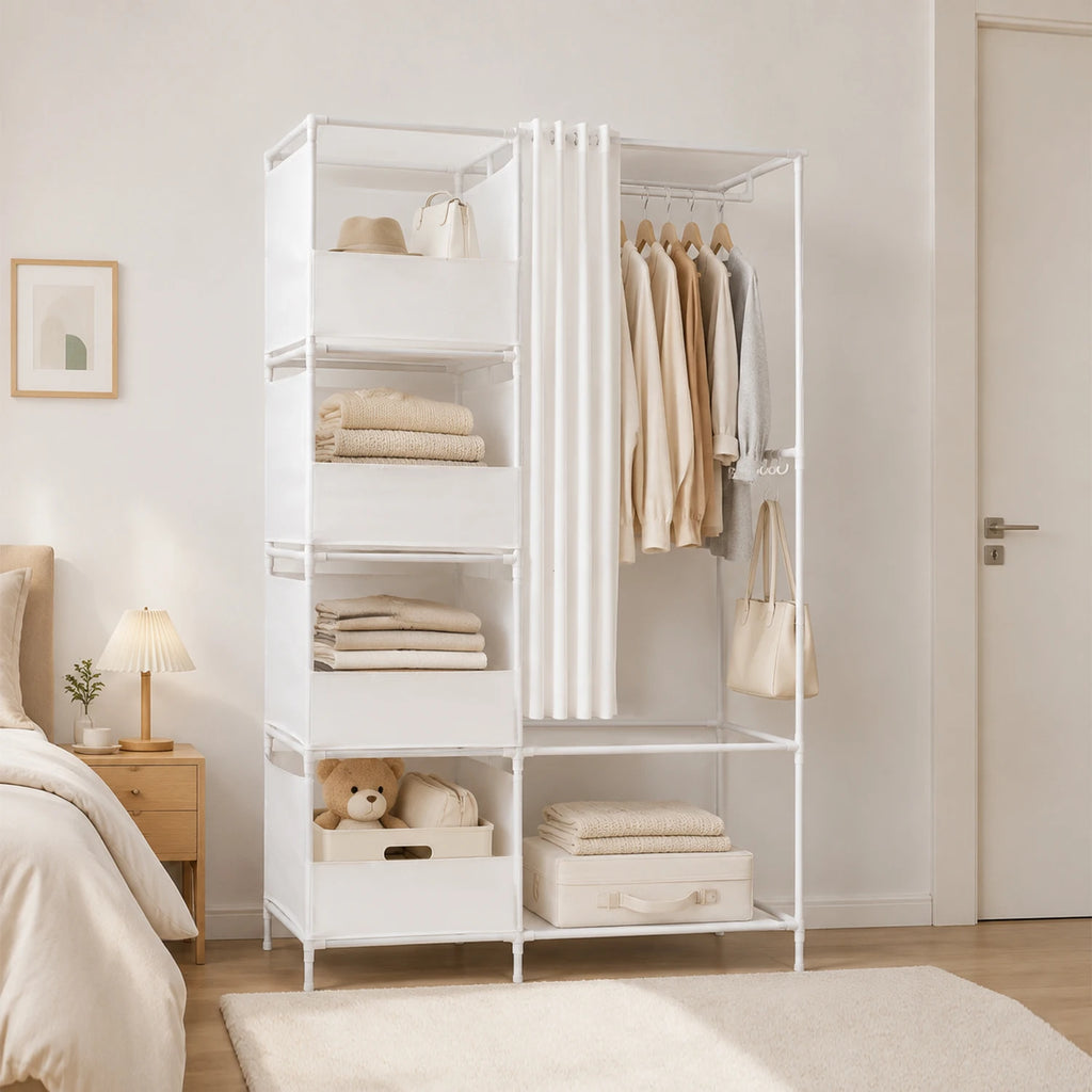 Armoire en tissu pour la maison - Armoire de rangement à étagères avec crochets en S et barre de penderie pour manteaux, chemises, pantalons et linge de lit - 170x105x45 cm