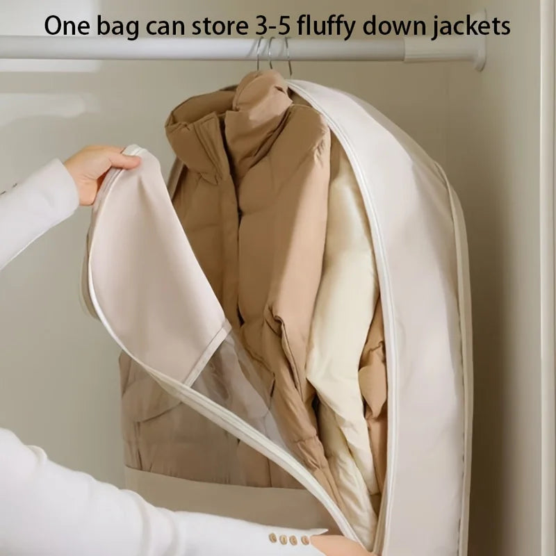 Sac de rangement suspendu à compression beige, sac sous vide offrant 40 % de gain de place, housse transparente avec fermeture éclair durable pour vêtements d'hiver