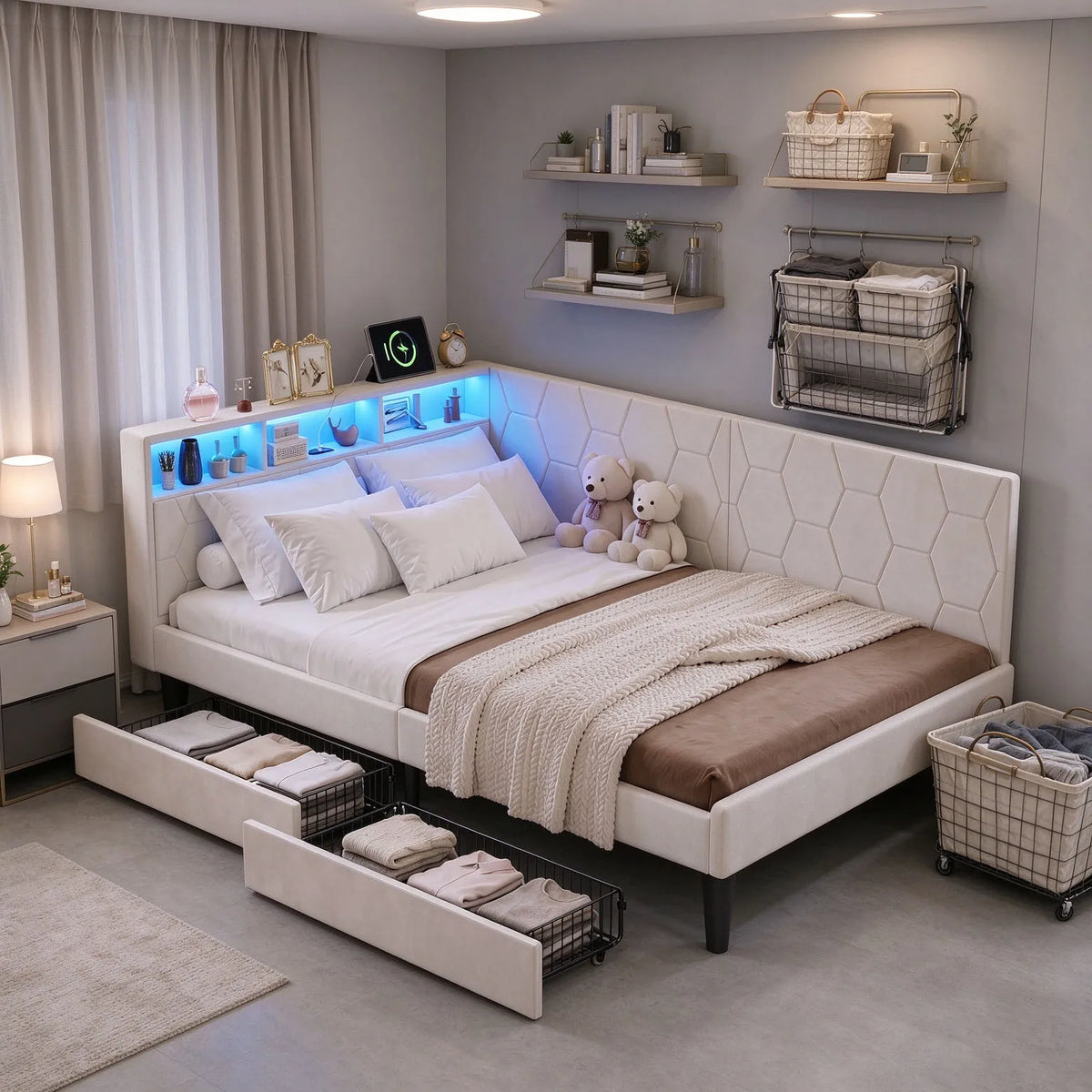 Lit banquette 140x200 cm, cadre de lit d'angle en velours beige
