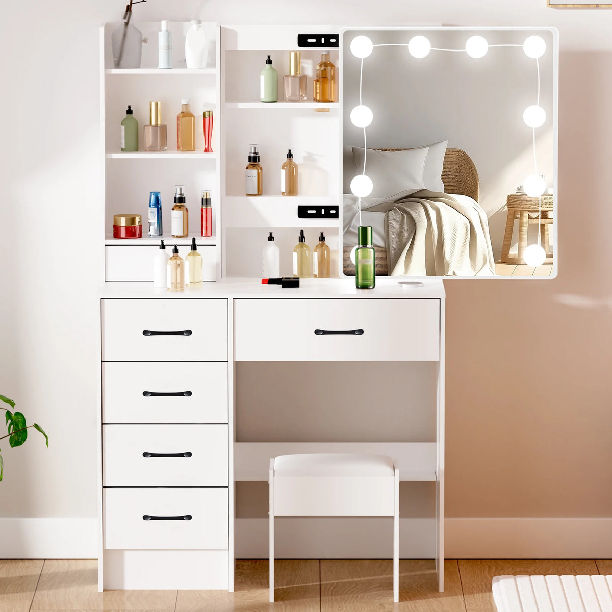 Coiffeuse de maquillage blanche avec 6 tiroirs de rangement et tabouret rembourré - Meuble cosmétique pour chambre à coucher