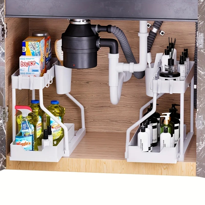Rangement sous évier à 2 niveaux pour gain de place - Tiroir coulissant de grande capacité et durable pour la cuisine