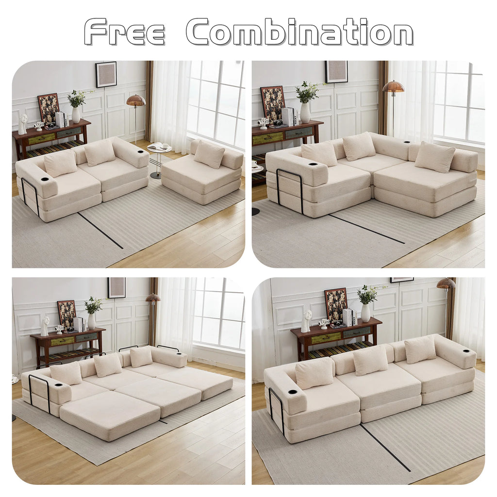 Canapé modulable d'angle avec porte-gobelets, canapé convertible modulable en velours côtelé, canapé relax gain de place sans montage pour salon, dortoir, bureau, jeu vidéo, lecture, canapé d'angle multifonction