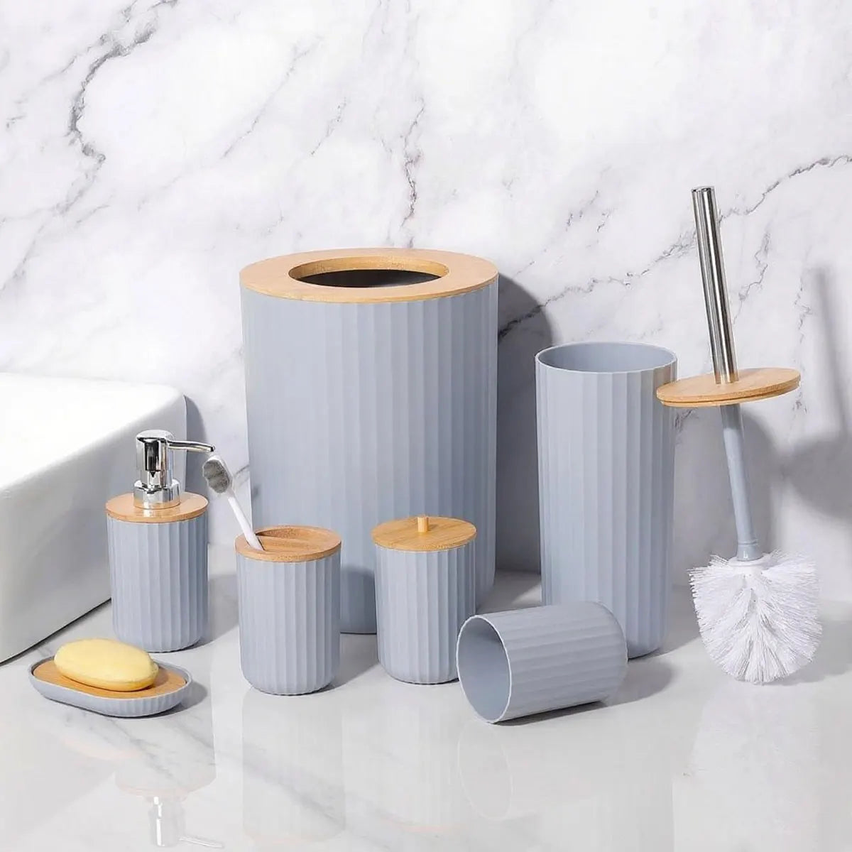 Ensemble d'accessoires de salle de bain 6 pièces, distributeur de savon, porte-savon, brosse de toilette, flacon de lotion, poubelle, tasse pour brosse à dents, ensemble de rangement de salle de bain en plastique
