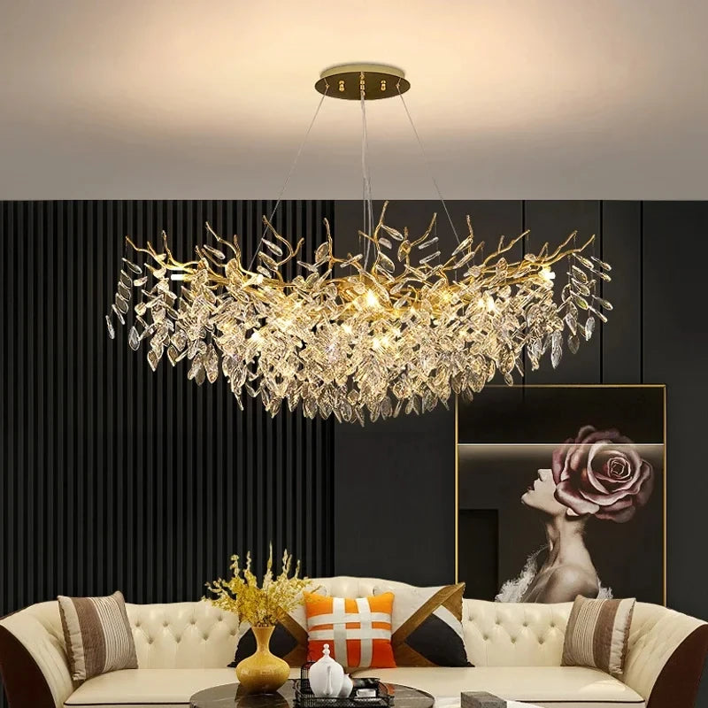 Lustre à LED de luxe en cristal doré - Luminaire suspendu de plafond pour salon, salle à manger, chambre et villa