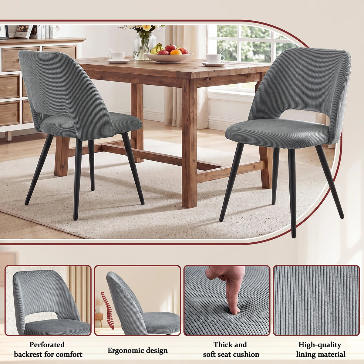 Lot de 2/4/6 chaises de salle à manger modernes et minimalistes en velours côtelé - Durables, faciles à nettoyer, pour cuisine et salle à manger