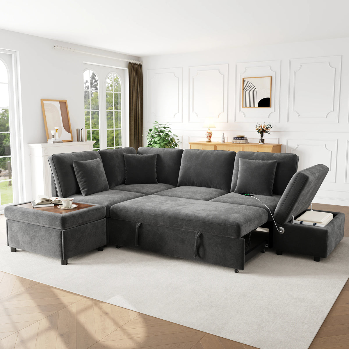 Canapé d'angle modulaire en L avec lit gigogne extractible, méridienne réversible