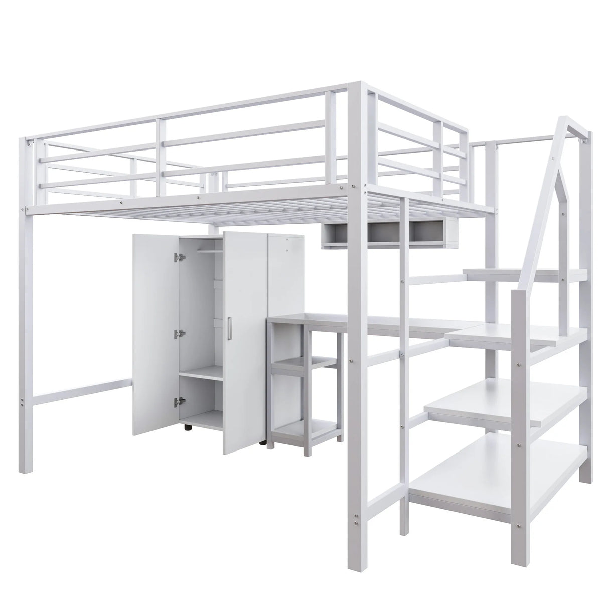 Lit mezzanine pour enfant 140x200cm avec armoire, étagères, rangement dans l'échelle et bureau - Blanc, sans matelas
