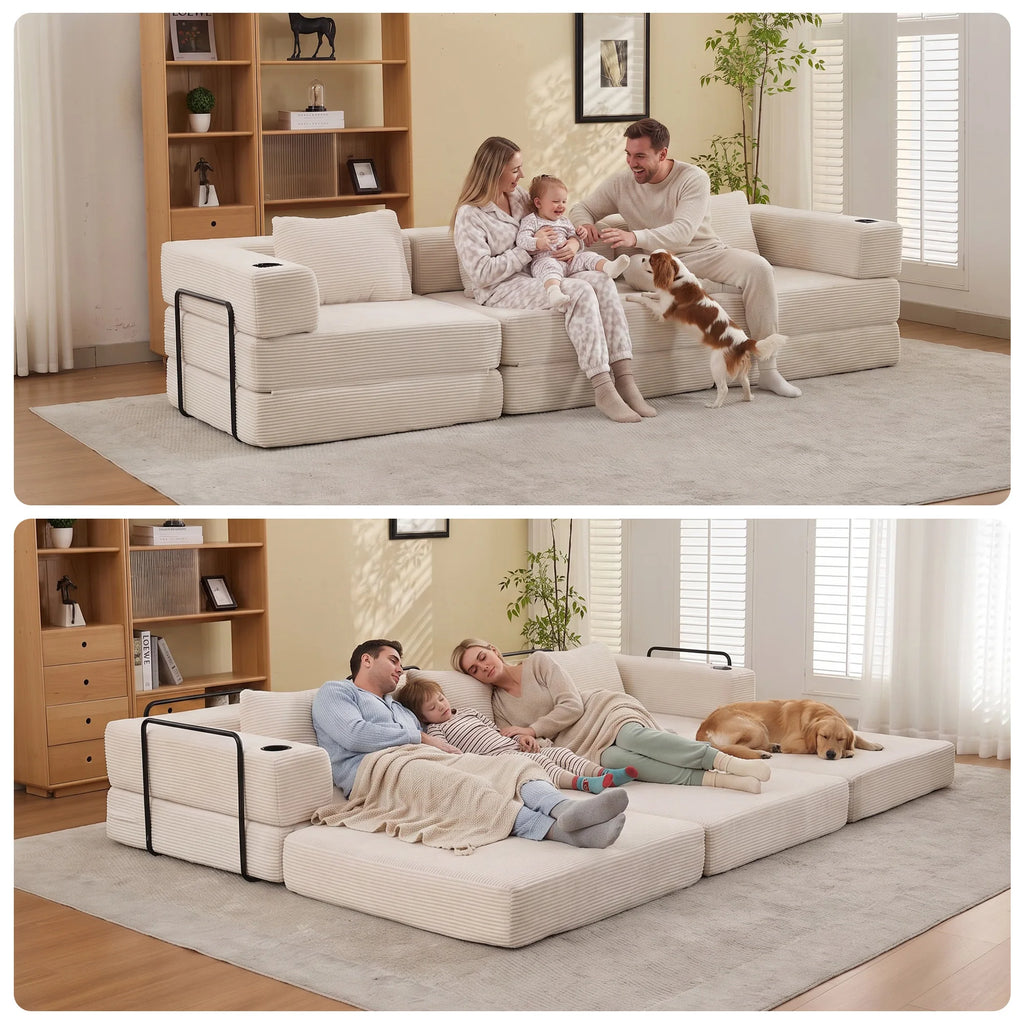 Canapé modulable d'angle avec porte-gobelets, canapé convertible modulable en velours côtelé, canapé relax gain de place sans montage pour salon, dortoir, bureau, jeu vidéo, lecture, canapé d'angle multifonction