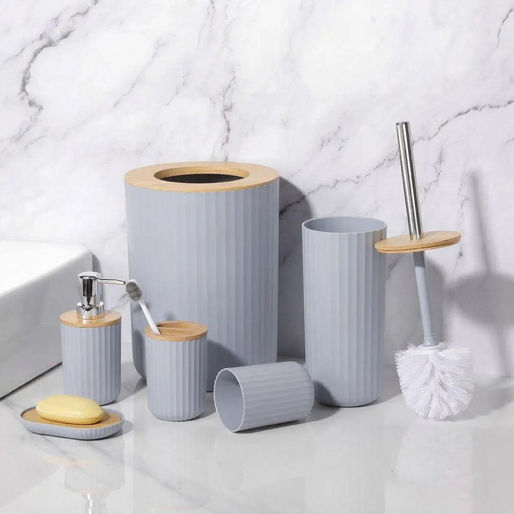 Ensemble d'accessoires de salle de bain 6 pièces, distributeur de savon, porte-savon, brosse de toilette, flacon de lotion, poubelle, tasse pour brosse à dents, ensemble de rangement de salle de bain en plastique