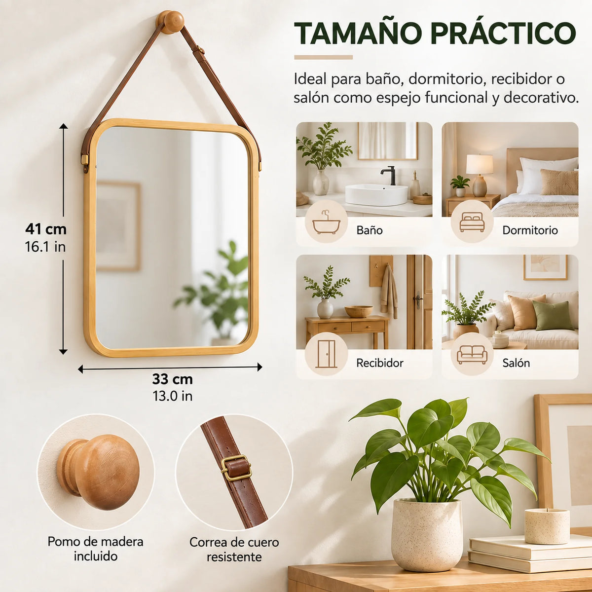 Miroir mural décoratif avec cadre en bambou naturel et sangle en cuir marron, miroir rectangulaire 34x41,5 cm pour salle de bain, chambre et entrée, comprend un bouton en bois pour la suspension