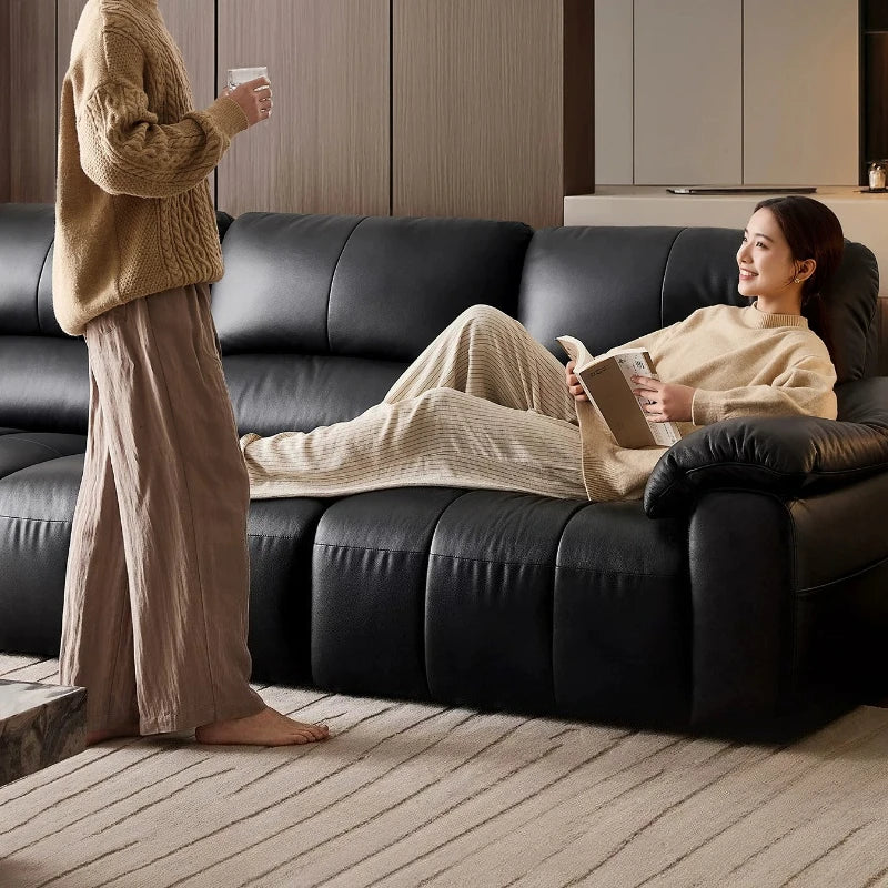 Canapé moderne et simple en cuir de vachette de première couche, canapé droit de luxe léger noir pour le salon et mobilier de