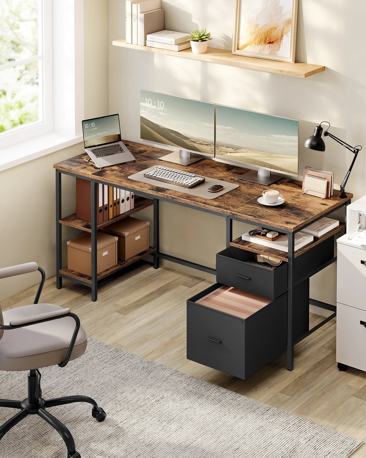 Bureau pour ordinateur, table de travail avec rangements, 3 étagères, 2 tiroirs, 60 x 160 x 76 cm, Brun rustique et Noir mat