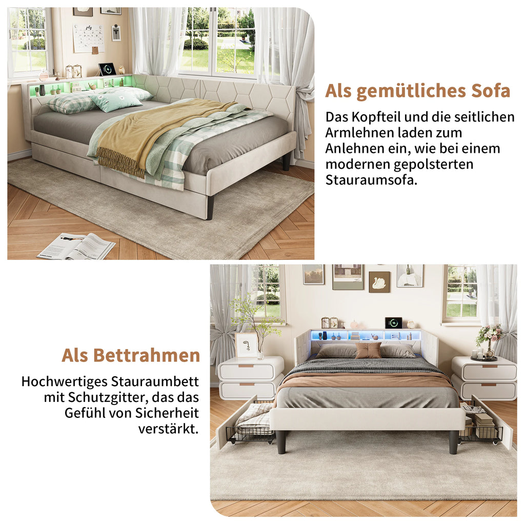 Lit banquette 140x200 cm, cadre de lit d'angle en velours beige
