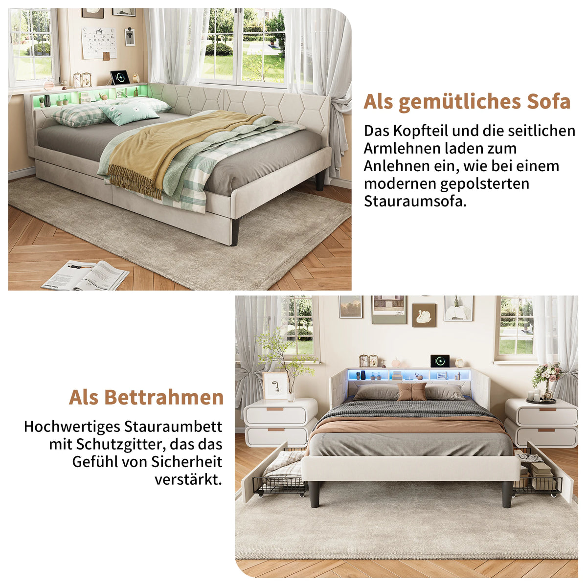 Lit banquette 140x200 cm, cadre de lit d'angle en velours beige