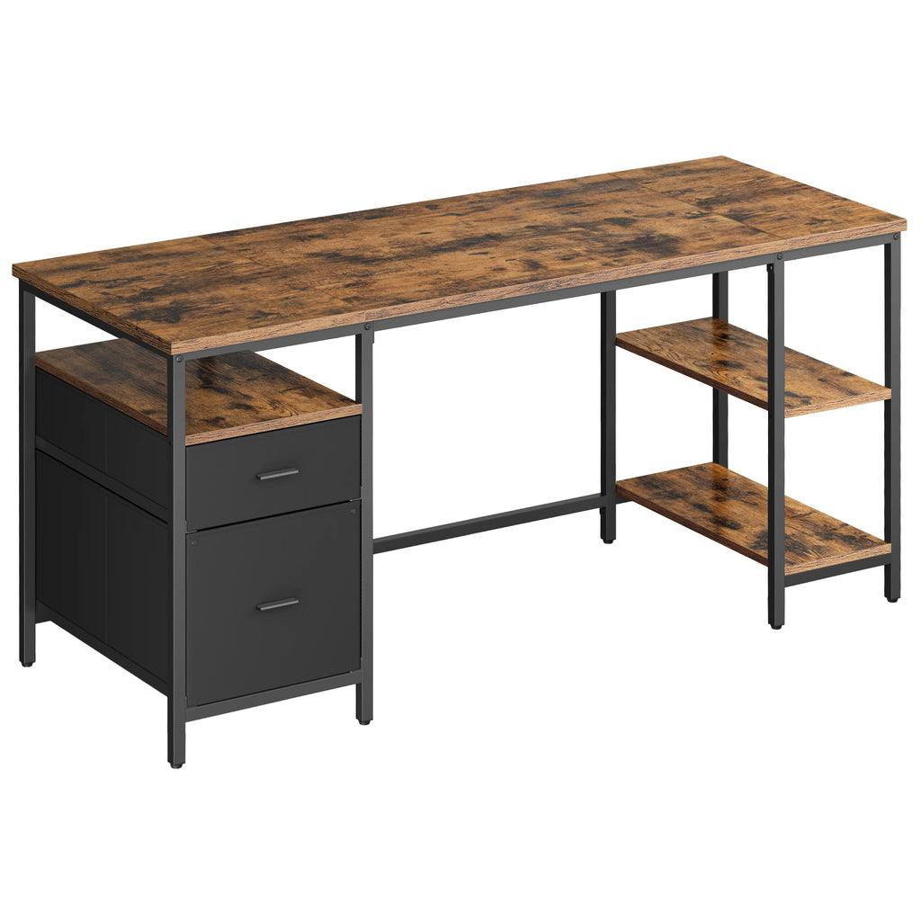 Bureau pour ordinateur, table de travail avec rangements, 3 étagères, 2 tiroirs, 60 x 160 x 76 cm, Brun rustique et Noir mat
