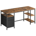 Bureau pour ordinateur, table de travail avec rangements, 3 étagères, 2 tiroirs, 60 x 160 x 76 cm, Brun rustique et Noir mat