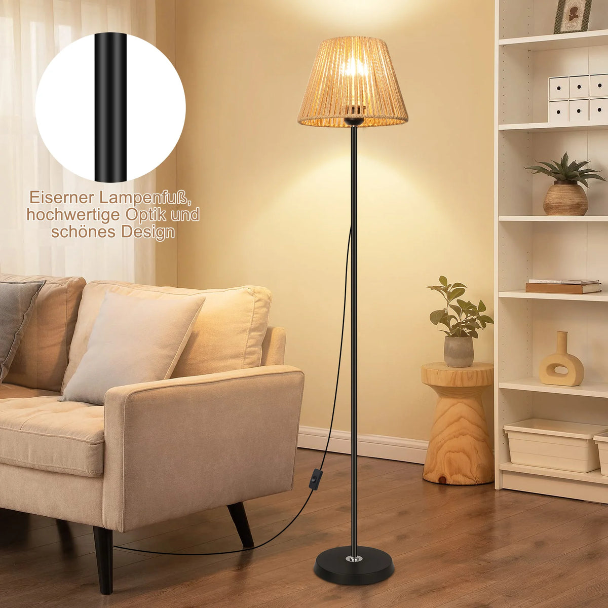 Lampadaire en rotin tressé de style bohème - Lampe sur pied E26/E27 avec abat-jour naturel, grand lampadaire moderne pour salon, chambre et coin lecture