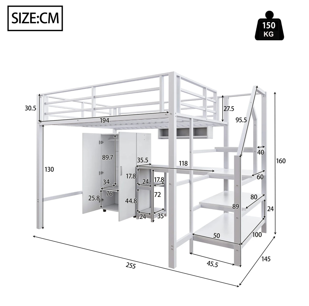 Lit mezzanine pour enfant 140x200cm avec armoire, étagères, rangement dans l'échelle et bureau - Blanc, sans matelas