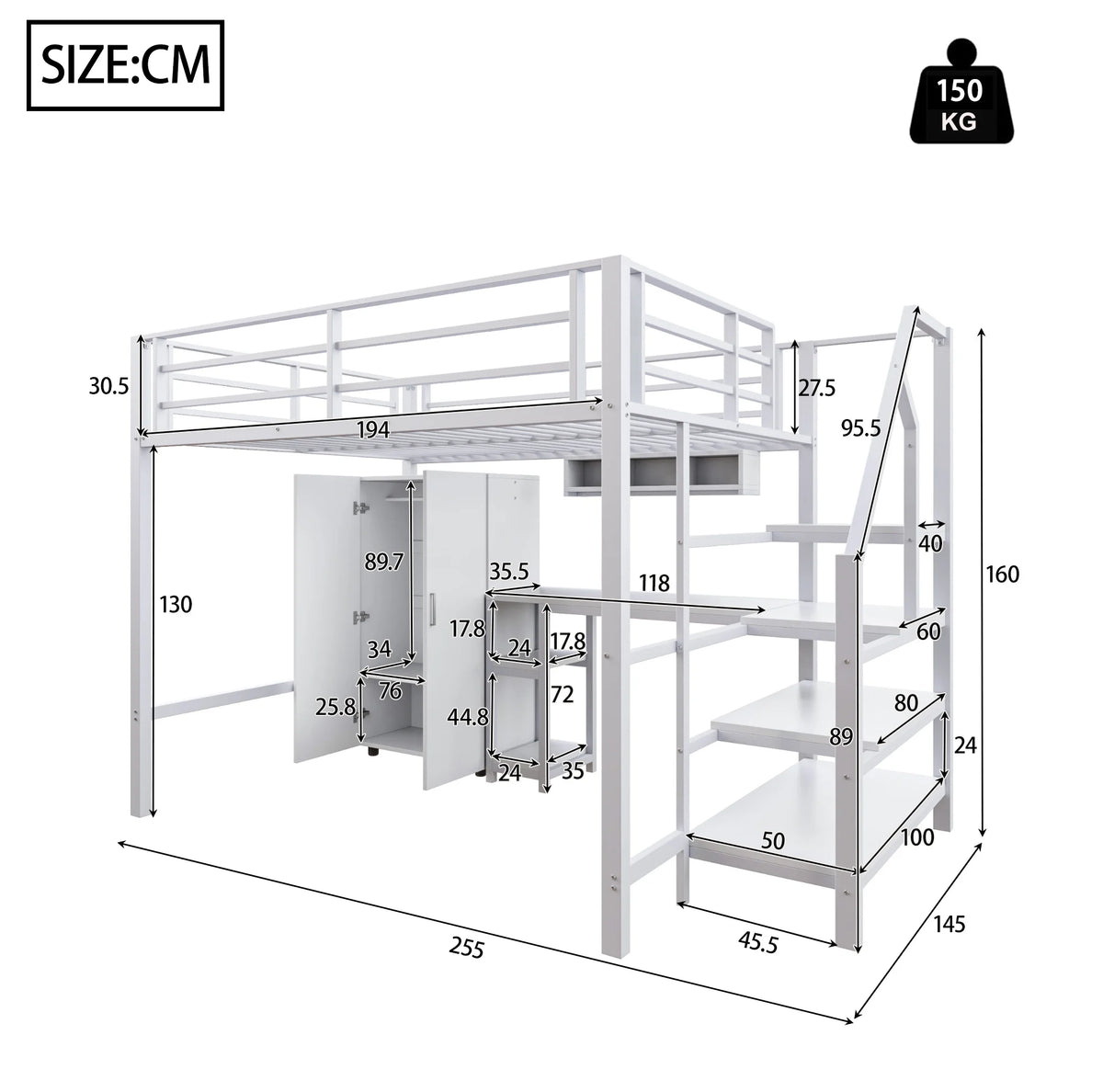 Lit mezzanine pour enfant 140x200cm avec armoire, étagères, rangement dans l'échelle et bureau - Blanc, sans matelas