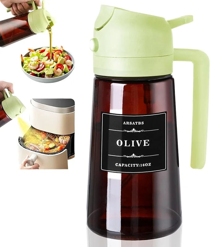 Distributeur et pulvérisateur d'huile en verre 2-en-1 - Bouteille spray d'huile d'olive anti-fuite 470 ml (16 oz) pour cuisine, friteuse sans huile (Air Fryer), barbecue, cuisson et salade