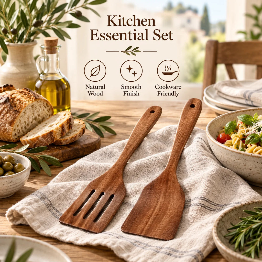Ensemble de spatules de cuisine en bois - Bois naturel pour pâtisserie, retourner et mélanger, sans rayures, compatible poêles anti-adhésives, outil de cuisine (1 ou 2 pièces)