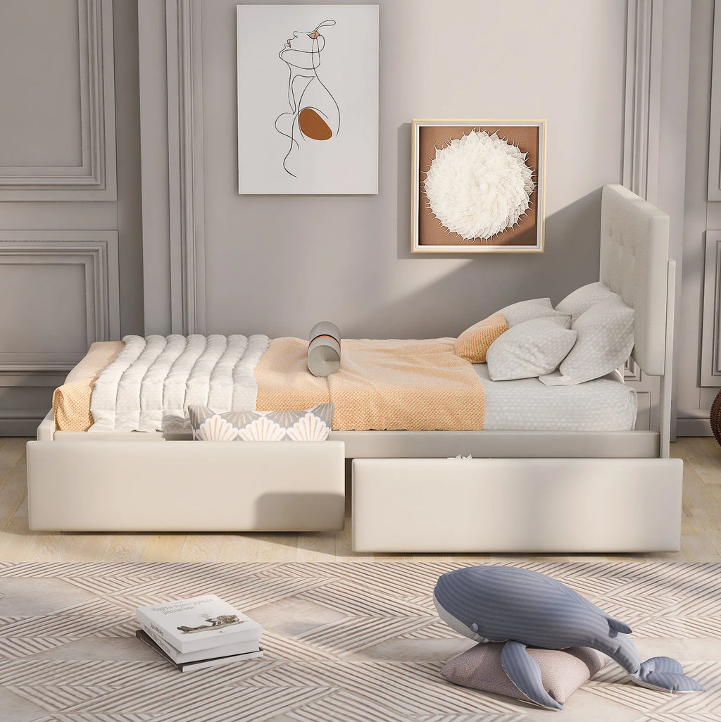 90x200 cm Upholstered Bed Frame with Slatted Base, Headboard and Two Storage Drawers in Beige Velvet (No Mattress)