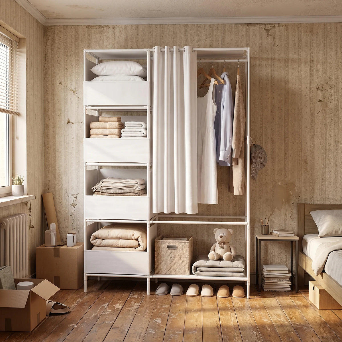 Armoire en tissu pour la maison - Armoire de rangement à étagères avec crochets en S et barre de penderie pour manteaux, chemises, pantalons et linge de lit - 170x105x45 cm
