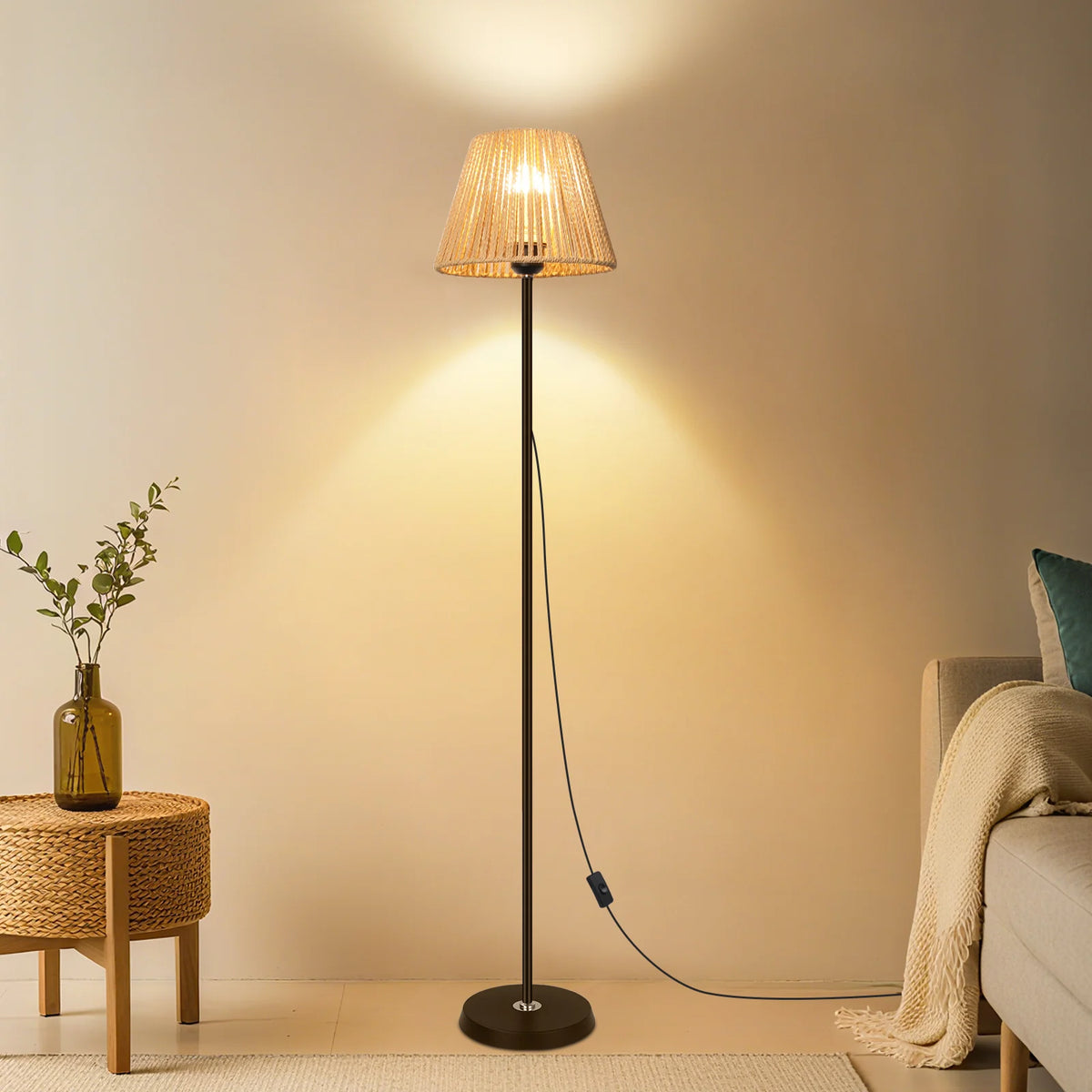 Lampadaire en rotin tressé de style bohème - Lampe sur pied E26/E27 avec abat-jour naturel, grand lampadaire moderne pour salon, chambre et coin lecture