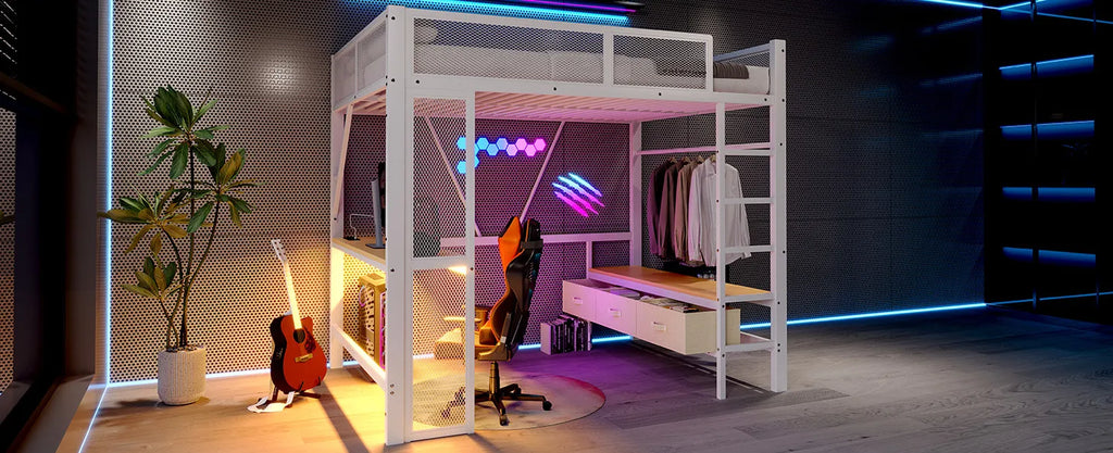 Lit mezzanine enfant et ado 140 x 200 cm en métal blanc - Lit combiné avec bureau, prise USB, LED intégrées, armoire ouverte et 3 tiroirs de rangement