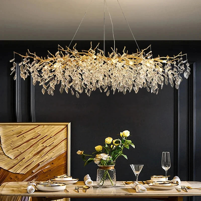 Lustre à LED de luxe en cristal doré - Luminaire suspendu de plafond pour salon, salle à manger, chambre et villa