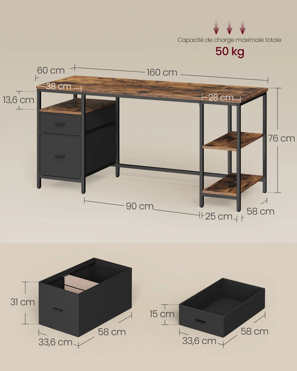 Bureau pour ordinateur, table de travail avec rangements, 3 étagères, 2 tiroirs, 60 x 160 x 76 cm, Brun rustique et Noir mat