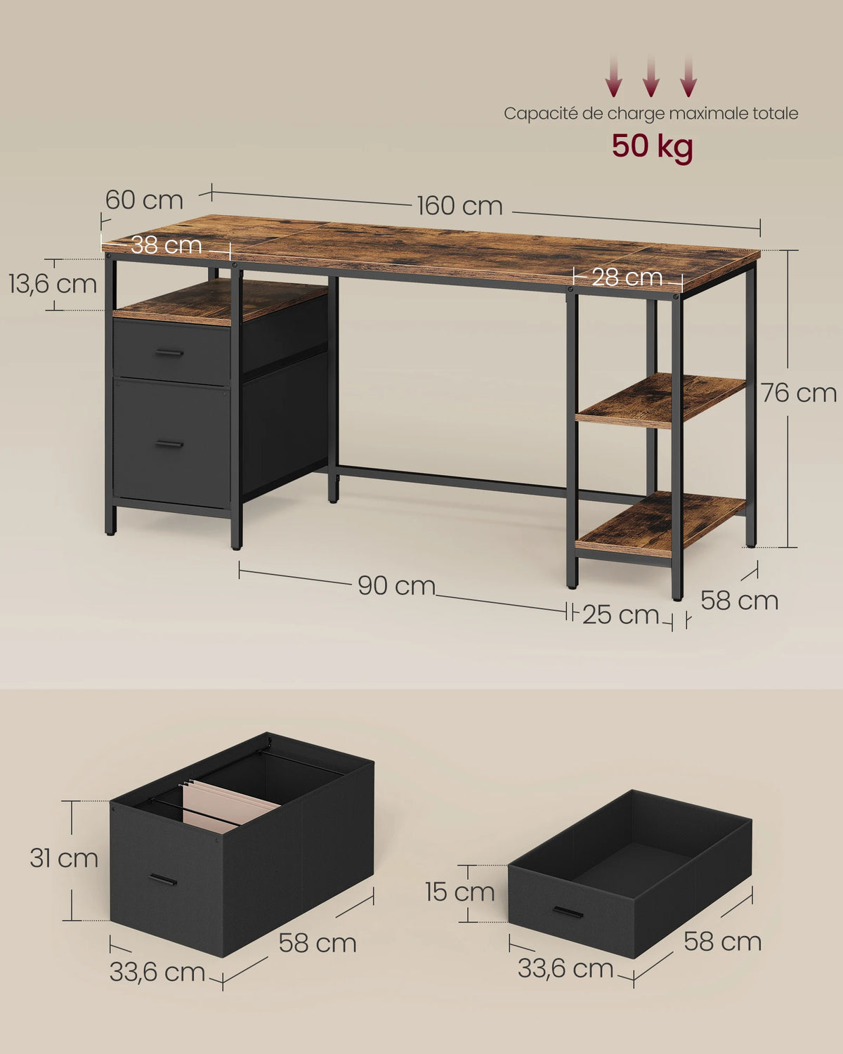 Bureau pour ordinateur, table de travail avec rangements, 3 étagères, 2 tiroirs, 60 x 160 x 76 cm, Brun rustique et Noir mat