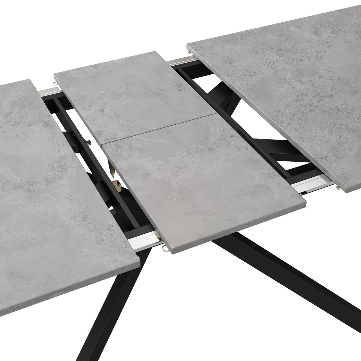 Table à manger extensible avec pieds croisés, plateau en MDF motif béton, 150-180x70x76 cm, noir et gris