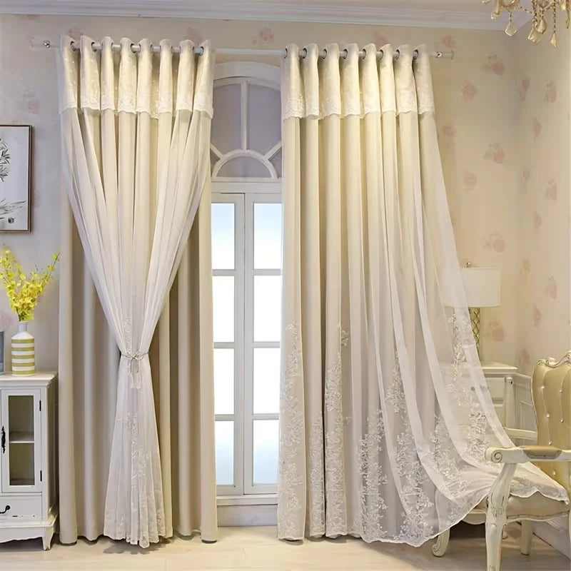 1 panneau de rideau double couche style européen 100% occultant et préserve l'intimité, avec voilage superposé et fond uni au design esthétique pour chambre et salon