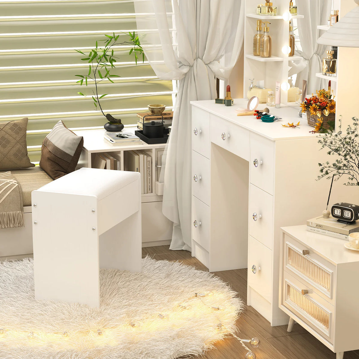 Tabouret de maquillage rembourré pour coiffeuse, chaise de coiffeuse élégante avec pieds en bois, banc d'appoint