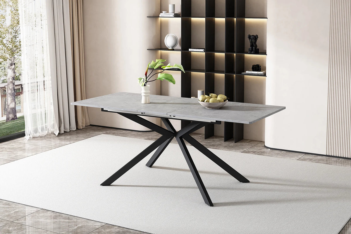 Table à manger extensible avec pieds croisés, plateau en MDF motif béton, 150-180x70x76 cm, noir et gris