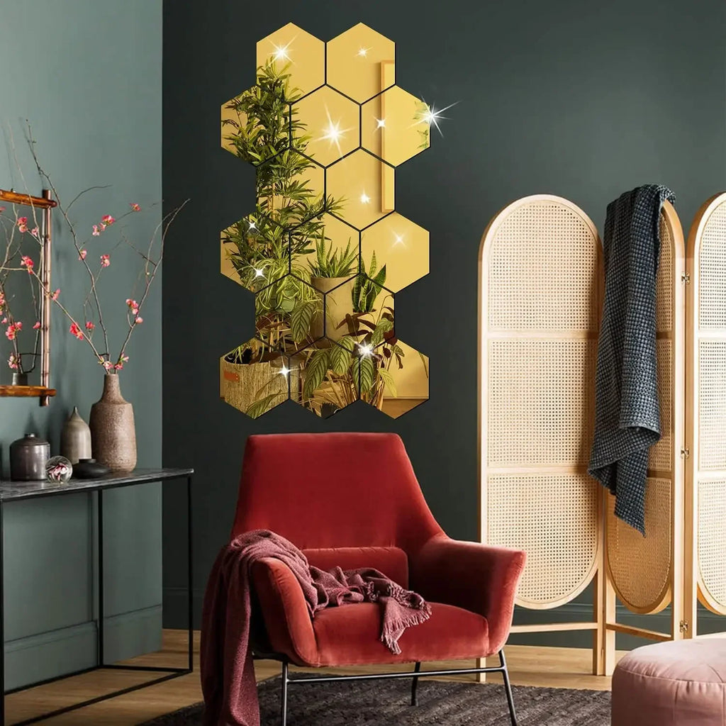 6/12pcs Acrylic Hexagonal Mirror DIY TV Background Wall Decoration Living Room Stickers Bedroom Bathroom Home Decoration