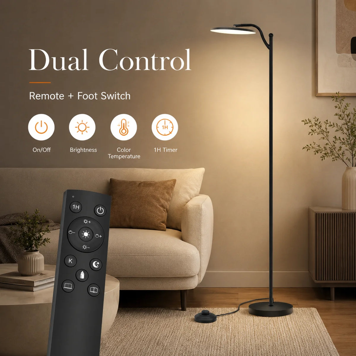 Lampadaire LED 32W 3000Lm avec tête pivotante, télécommande magnétique sur le pied du lampadaire, facile à installer, lampe de lecture stable pour salon, chambre et coin lecture
