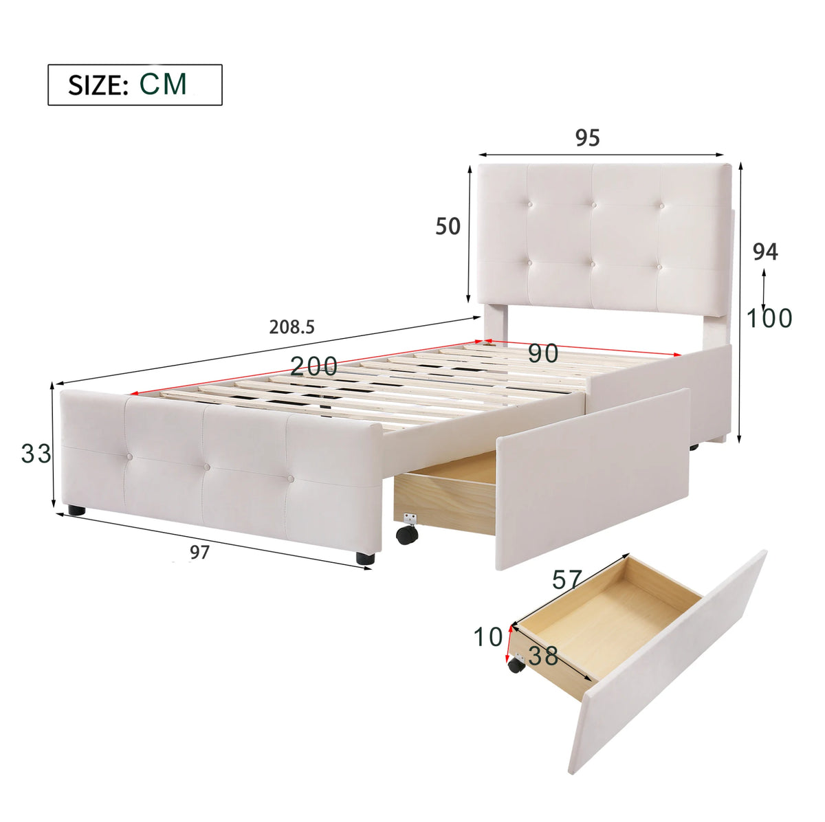 90x200 cm Upholstered Bed Frame with Slatted Base, Headboard and Two Storage Drawers in Beige Velvet (No Mattress)