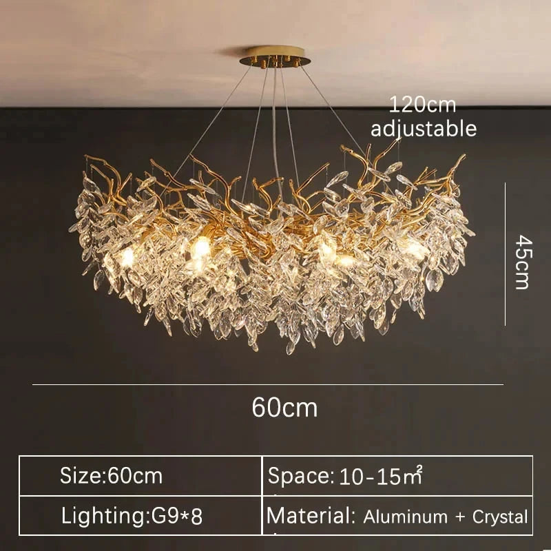 Lustre à LED de luxe en cristal doré - Luminaire suspendu de plafond pour salon, salle à manger, chambre et villa